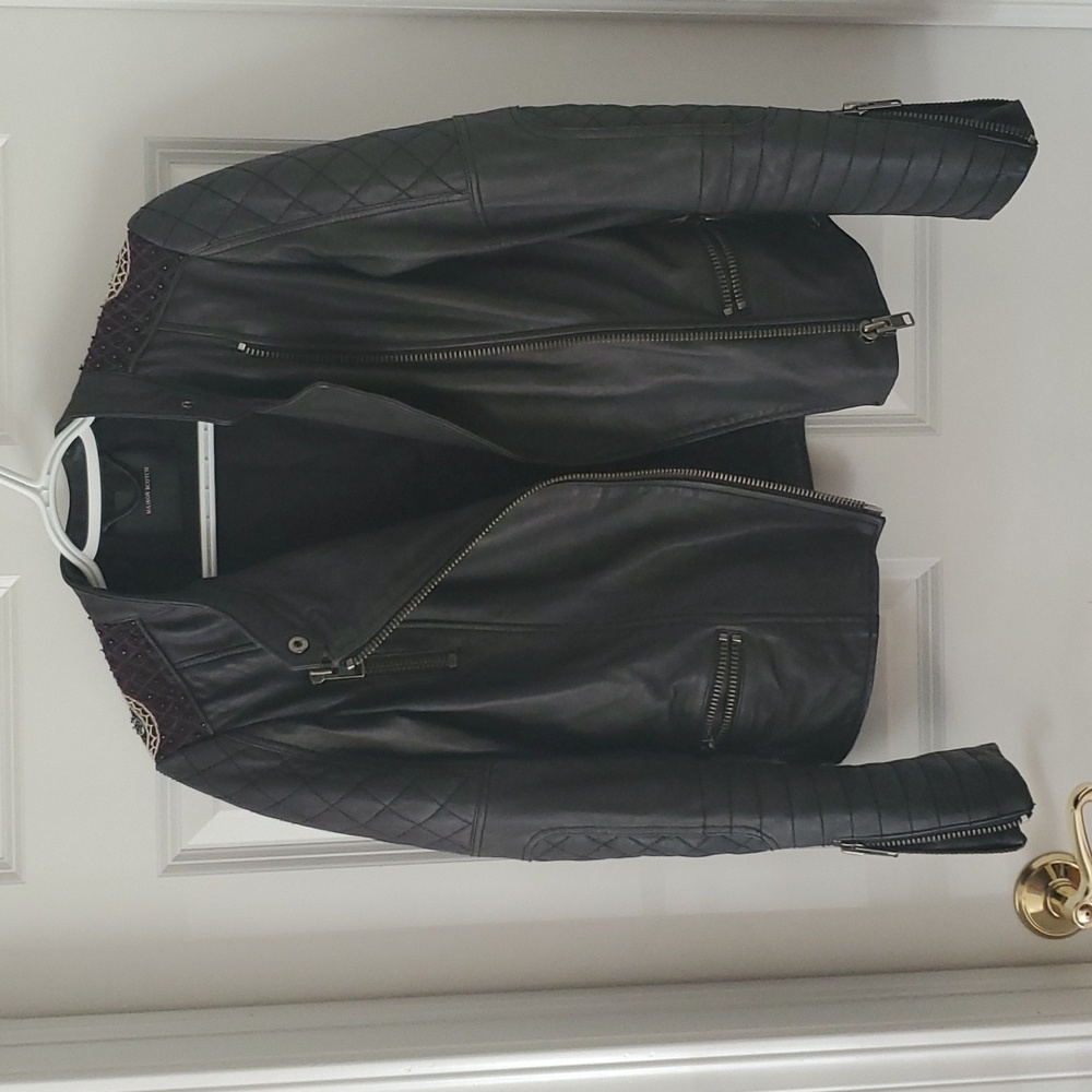 Maison Scotch Black Leather Sequin Moto Jacket Size 1